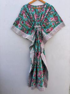 Vestido de caftán de algodón con estampado de bloque Floral occidental, vestido largo hasta el suelo, vestido informal lavable de verano con cubierta de playa Natural - Product Image 4