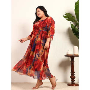 Deebaco Women's Plus <b>Size</b> Chiffon Floral Print Bohemian Tea-Length <b>Dress</b> With Lantern Sleeves And Scalloped Neckline <b>Dress</b> - Product Image 3