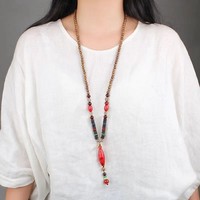 YL vente chaude polyvalent pour hommes et femmes pull de Style ethnique rétro avec longue chaîne coton lin vêtements accessoires en bois