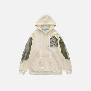 Sweat-shirt à capuche oversize en coton French Terry avec design patchwork, style décontracté pour homme, manches raglan, poche avant, logo - Product Image 3