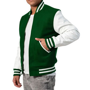 Blouson Bomber Unisexe Style Universitaire Entièrement Zippé, Corps en Laine, Manches en Similicuir, Col Rond, Patchwork, Écologique, Rétro, Style Athlétique Américain - Product Image 5