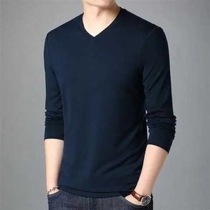 Camisas lisas de gran tamaño para hombre, novedad de 2023, Camiseta con cuello en V, camisetas de seda de manga larga, ropa informal sólida, camisetas básicas de Jersey - Product Image 6