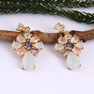 Pendiente colgante largo de Plata de Ley 925 chapado en oro con múltiples gemas naturales para fiesta o regalo - Product Image 3