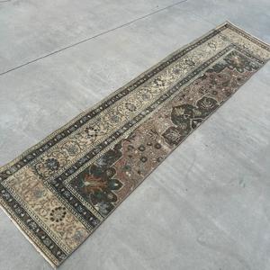 1.7x7.4 ft Runner Turkish Rug, Vintage Rug, <b>Brown</b> Beige Ikat <b>Wool</b> Rug - Product Image 4