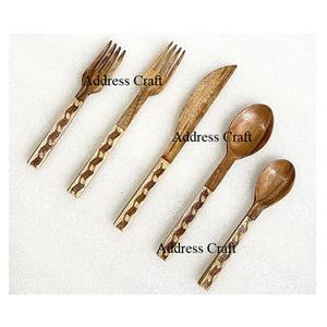 Fourchette en bois d'acacia écologique couteau à cuillère pour cuisine ustensiles écologiques ensemble de couverts couverts en bois avec manche en rotin - Product Image 6