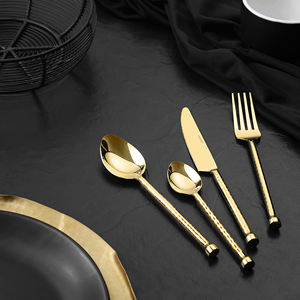 Gold Glossy Hammered Style Stainless Steel Flatware Set Complete Spoon <b>Fork</b> <b>Knife</b> for Hotel Restaurant Party Use - Product Image 3