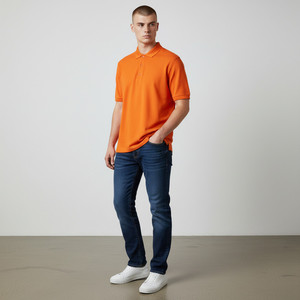 Polo à manches courtes pour homme, orange, 100% coton, tissu Oxford, style décontracté, coupe classique, couleur unie, respirant, design tissé - Product Image 1
