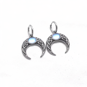 Stainless Steel Celtic Crescent Moon Hoop Earrings Gothic Viking Style Silver <strong>Jewelry</strong> with Blue <strong>Gem</strong> Unisex Witchcore Accessory - Product Image 1
