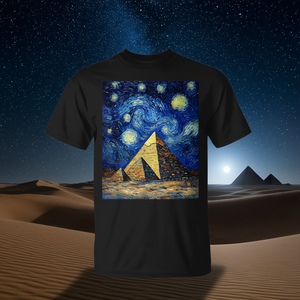 T-Shirt Stile Van Gogh Notte Stellata Egiziana con Design Piramidale Egiziano per Promozioni - Product Image 3