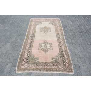 Grand tapis turc vintage 4,7x8,9 pieds, tapis en laine rayé rose et vert - Product Image 1