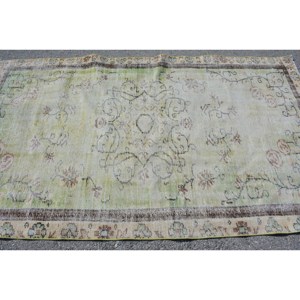 Tapis Vintage Turc Classique Grande Surface 4.5ft X 7.4ft Vert Beige Laine avec Latex Support Patchwork Motif pour Adolescent Couloir Chambre - Product Image 3
