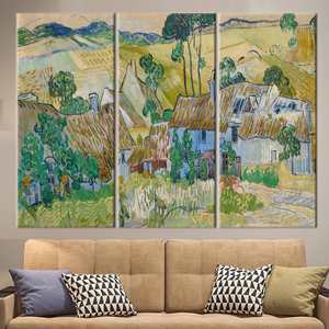 Toile célèbre : Impression de paysage de village de Van Gogh, œuvre d'art plate, 3P : Prête à accrocher - Product Image 1