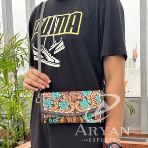 Wholesale Hand Tooled <b>Leather</b> Women <b>Purse</b> Genuine <b>Leather</b> Crossbody Turquoise Floral Wallet Western Boho Floral Cowhide Wallets - Product Image 1