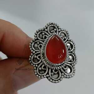 Boho Chic Carnelian <b>Statement</b> <b>Ring</b> Handmade Sterling <b>Silver</b> with Pear Cut Gemstone Perfect Birthday Gift for Her - Product Image 1