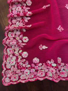 Sari bordado de tela Georgette con estampado de aplastamiento suave indio tradicional último sari nupcial étnico exclusivo aspecto impresionante a la moda - Product Image 3