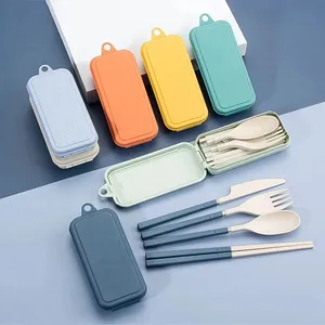 4Pcs 밀 짚 식탁 세트 휴대용 식기 칼 포크 숟가락 젓가락 세트 여행 칼 세트 친환경 기구 상자