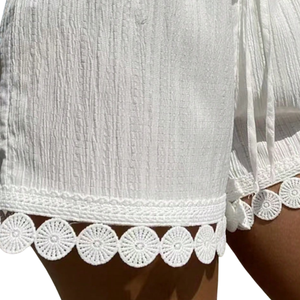 Shorts d'été décontractés pour femmes en coton froissé double gaze, taille haute élastique avec cordon de serrage et bordure en dentelle, respirants, écologiques et à séchage rapide - Product Image 6
