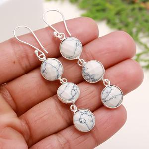 Pendientes colgantes de tres piedras de howlita blanca de Plata de Ley 925 FORMA DE cabujón de alta calidad para regalo o fiesta - Product Image 4