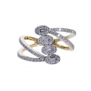 Bague Statement Multi-Bandes en Or Jaune 14K Plaqué Rhodium avec Diamants Naturels Baguette et Accents Ovales, Design Moderne à Branches Divisées - Product Image 1