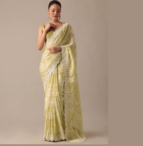 Boutique indienne exclusive dernière Bollywood Designer jaune Saree fantaisie qualité supérieure Georgette été fête ethnique - Product Image 1