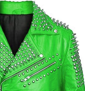 Veste en cuir véritable cloutée argentée et imperméable personnalisée écologique Style High Street Couleur verte Homme Fait à la main Punk Spike - Product Image 3