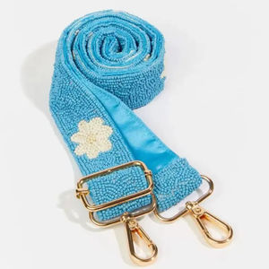 Sangle de remplacement large pour sac à main ou cabas, réglable, avec broderie de fleurs bleues perlées et perles de verre, pour porté épaule ou croisé - Product Image 1