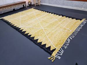 พรมโมรอคโค2025 kilim แบบถักสีเหลืองและสีดำงานแฮนด์เมดพรมขนสัตว์รูปทรงเรขาคณิตแบบเรียบสำหรับตกแต่งบ้านดีไซน์ใหม่ - Product Image 5