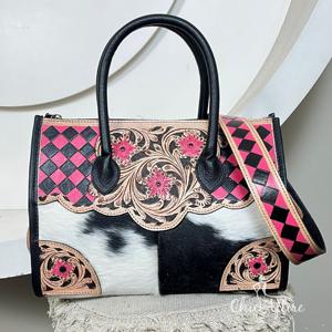 Sac fourre-tout en cuir à carreaux rose et noir, fait main, tendance 2026, sac à main en cuir de vachette de qualité supérieure, sac bandoulière pour femmes - Product Image 1