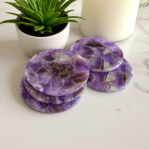 Amethyst 4 Inch Round Polished Nautical <b>Coaster</b> Gemstone Bar Housewarming Set - Product Image 3