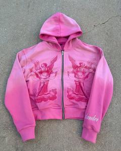 Sudadera con Capucha Rosa con Estampado de Ángel, Estilo Urbano para Mujer, Corte Recortado, Estilo Fairycore, Sudadera Vintage con Lavado Degradado Rosa, Sudadera de Forro Polar - Product Image 5
