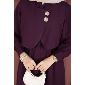 Conjunto de Vestido Bolero Informal con Botones Dorados, Estampado Sólido Color Ciruela, Tela Crepé, Tallas XS-XXL, Cuello Halter, Top Largo - Product Image 5