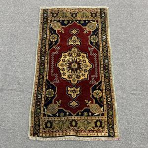 Vintage Turkish <b>Red</b> Abstract Patchwork <b>Wool</b> Rug Eco-Friendly Latex Backing 1.7x3 ft - Product Image 1