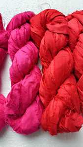 custom dyed sari silk <b>ribbon</b> yarns in <b>pink</b> and red colors made with premium quality recycled sari silk fabrics for crafts - Product Image 3