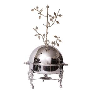 Luxury Hand Crafted Nickel Plated Stainless Steel Chafing Dish With Decorative Floral Stand And Leaf Branch Handle Catering - Product Image 1