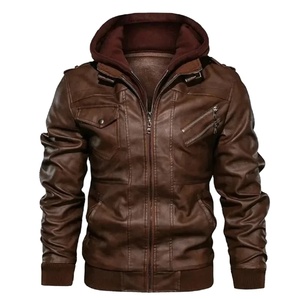 <b>Men</b> Motorcycle Calf Skin Leather Sheep Fur Trim Hooded Long Sleeve <b>Jacket</b> Zipper Outerwear Autumn Winter Casual <b>Thin</b> Cartoon - Product Image 1