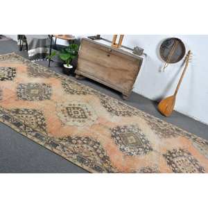 Alfombra de lana Naranja Turca Vintage 4 pies X 12 pies Estilo clásico de retazos con acentos beige Alfombra de sala de estar de área grande para adolescentes - Product Image 4