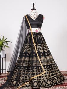 Lehenga Choli-ropa de boda y fiesta de Color negro indio, nueva secuencia de Georgette y bordado, con Dupatta, venta al por mayor - Product Image 3