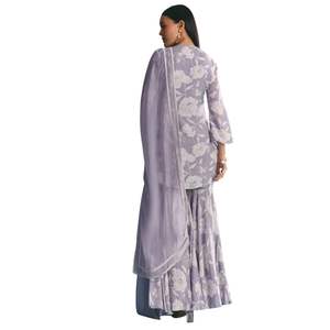 Mauve <b>Muslin</b> Floral Print Kurta Sharara Suit with Moti Embroidery for Women Indian Wedding Party and Festive Outfit - Product Image 5