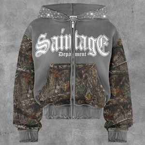 Streetwear personnalisé recadrée Boxy 450 g/m² en éponge française délavé au soleil strass à l'acide sweat à capuche zippé en coton mélangé - Product Image 6