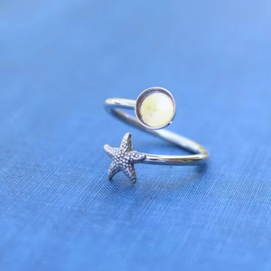 Envoltura de estrella de mar de plata Anillo ajustable Bisel en blanco Anillo de copa Cabujón redondo 6mm DIY Base de joyería de leche materna Anillo de recuerdo del océano - Product Image 1