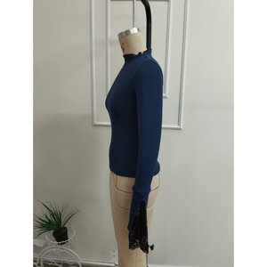 Blusa de manga larga con cuello semialto y detalle de encaje en las mangas para mujer, 37604 - Azul marino - Product Image 5