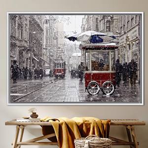 Printed Canvas Artwork: Winter in Istanbul - Red Tram View,1P:White <b>Framed</b> - Product Image 1