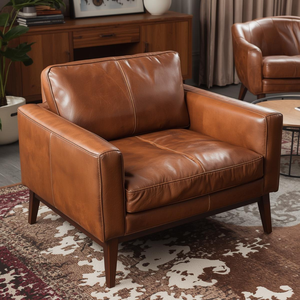 Premium Genuine Leather Accent <b>Chair</b> Mid Century Modern Style Upholstered <b>Arm</b> <b>Chair</b> for Living Room Reading Space - Product Image 1