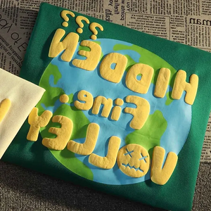 Beige Crewneck Sweatshirt With <b>3D</b> Puff <b>Print</b> Blue Heart Graphic Unisex Streetwear Pullover Casual Fleece Jumper - Product Image 3