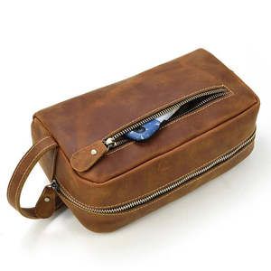 Sac de toilette vintage en cuir avec fermeture éclair, grande capacité, pour rangement, cosmétiques, trousse de toilette de voyage suspendue - Product Image 1