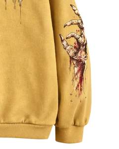 Sudadera con Capucha Personalizada Amarillo Mostaza con Gráfico de Doble Calavera, Estilo Gótico Urbano, Sudadera de Felpa con Estilo Lavado Ácido, Ropa Personalizada para Hombre - Product Image 6