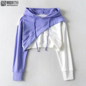 Contraste croix manches longues femmes haut court à capuche Ins Style pull à capuche personnalisé pour femmes vêtements 450 gsm à capuche - Product Image 2