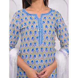 Ensemble Kurta et pantalon en coton gris imprimé à blocs pour filles, tenue traditionnelle ethnique Salwar Kameez pour les occasions spéciales et les fêtes, en tissu filet - Product Image 2