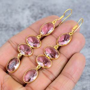 Boucles d'oreilles en argent sterling 925 plaqué or faites à la main en Kunzite rose et quatre pierres précieuses Design ovale à la mode pour les femmes - Product Image 3