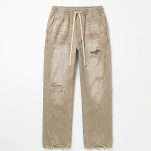 Modern Ripped <b>Trousers</b> <b>Men</b> Distressed Washed Pants <b>Drawstring</b> Casual Loose Fit Streetwear Cotton Fashion Bottoms - Product Image 1